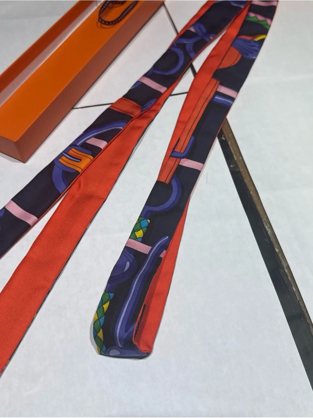 HERMES Twillon Scarf Silk Navy/Orange Original Box Great Gift